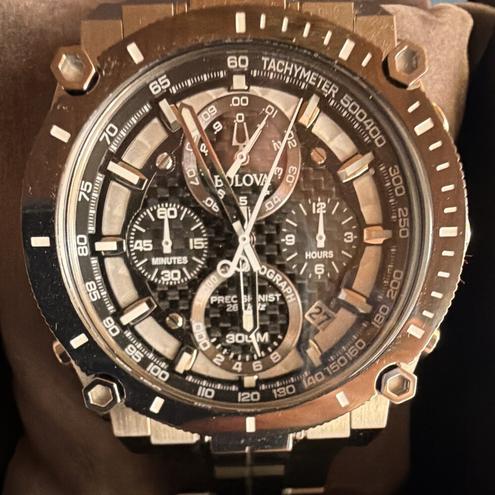 Bulova Precisionist Men's 46mm Black Dial Chronograph Tachymeter 300M Box